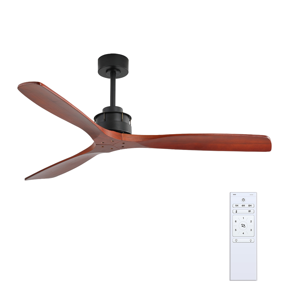 60" Metal Ceiling Fan Lamp with 3 Wooden Blades, and Remote Control, for Living Room, Bedroom, Corridor, Dining Room - Black + Red