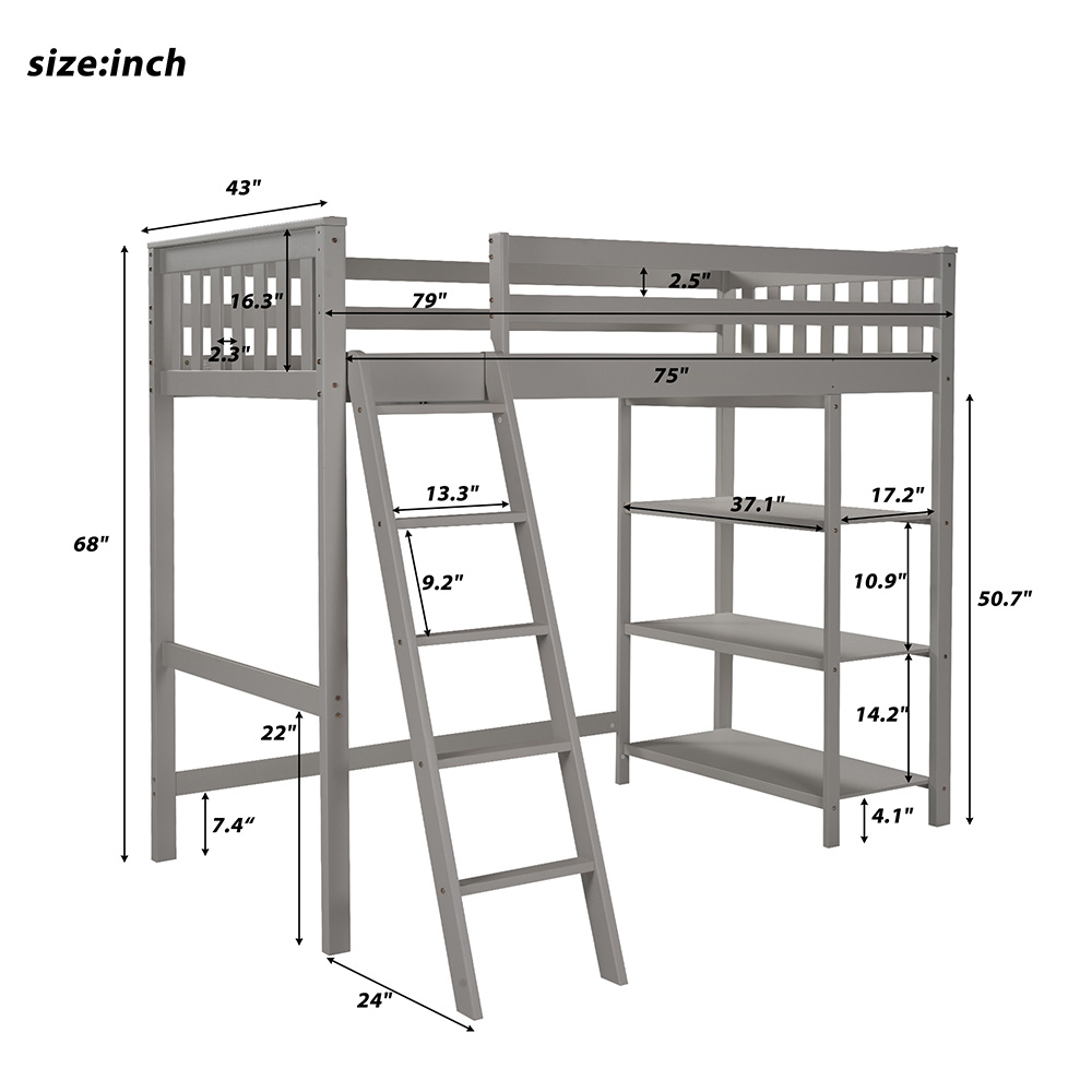Twin-Size Loft Bed Frame with Storage Shelves, and Wooden Slats Support, Space-saving Design, No Box Spring Needed - Gray