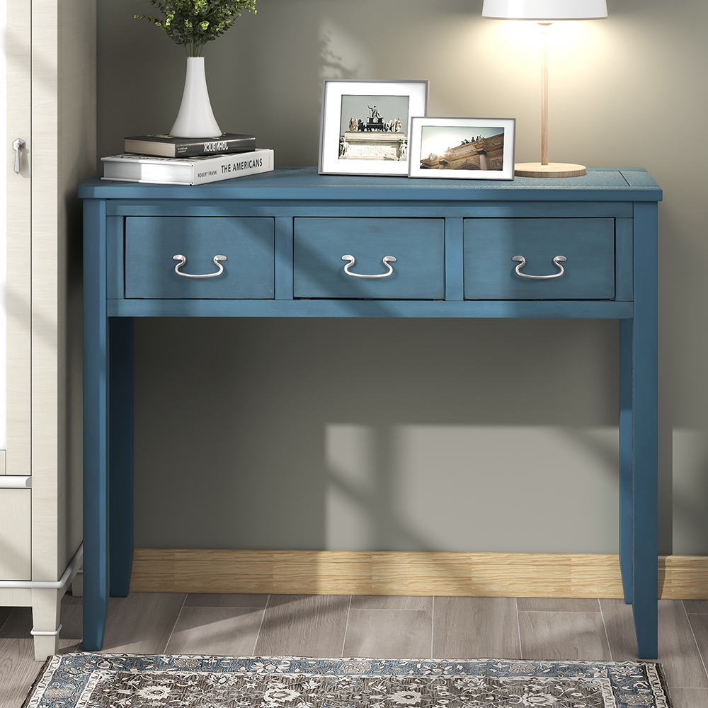 U-STYLE 39'' Modern Style Wooden Console Table with 3 Storage Drawers, for Entrance, Hallway, Dining Room, Kitchen - Navy