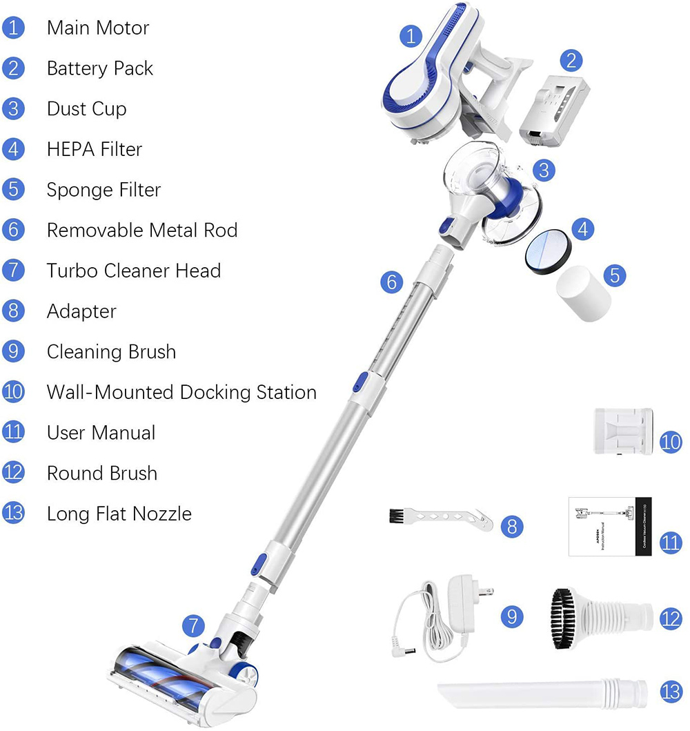 APOSEN Cordless Vacuum Cleaner 150W Motor 14Kpa Suction 2200mAh Battery 30 Minutes Run Time - Blue + White