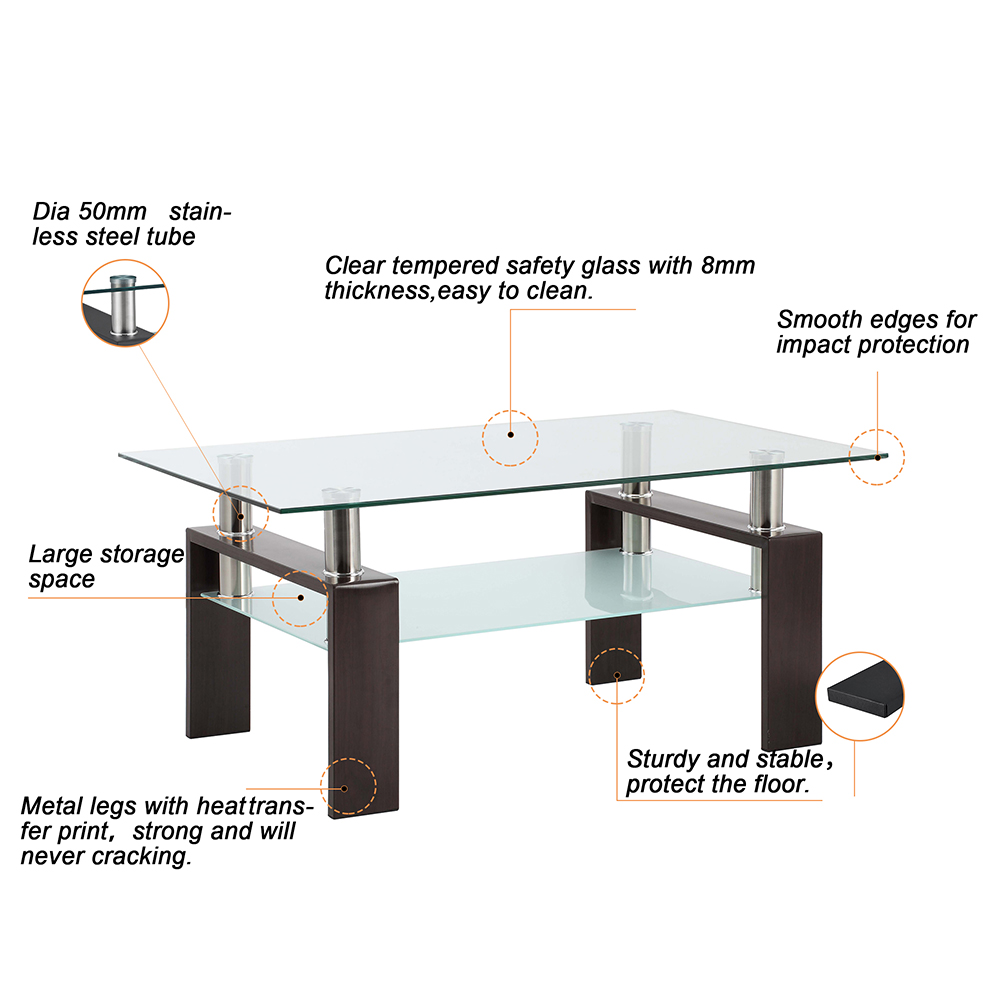 39.4" Rectangle Glass Coffee Table, with Storage Shelf, for Kitchen, Restaurant, Office, Living Room, Cafe - Walnut