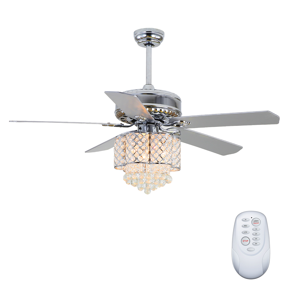52" Metal Crystal Ceiling Fan Lamp with 5 Plywood Blades, and Remote Control, for Living Room, Bedroom, Corridor, Dining Room - Chrome
