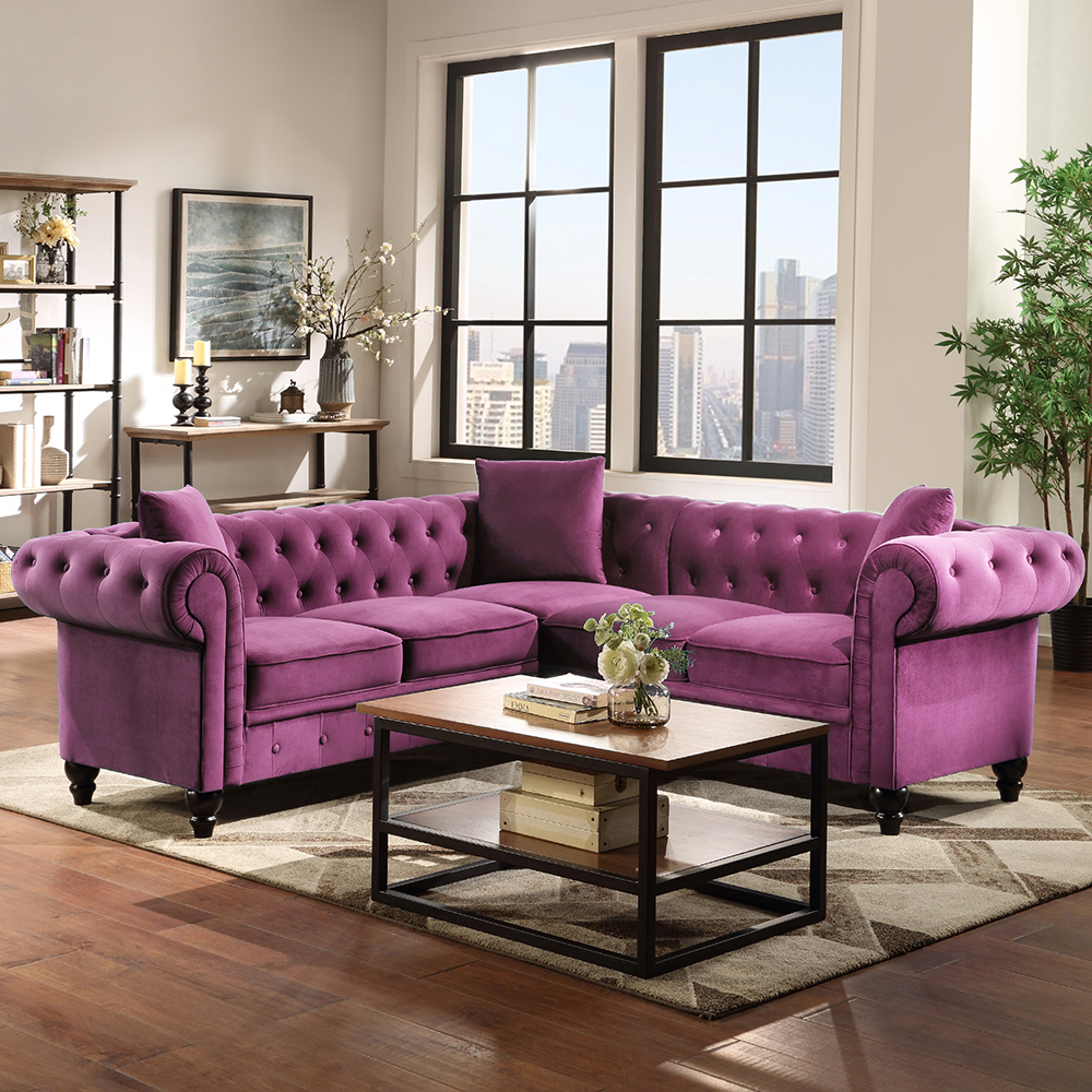 80" 5-Seat Velvet Tufted Upholstered L-shaped Sofa with 3 Pillows, and Wooden Frame, for Living Room, Bedroom, Office, Apartment - Purple