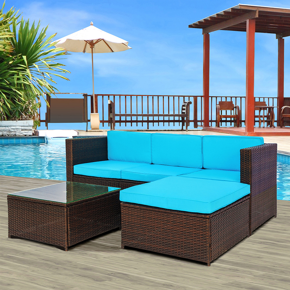 TOPMAX 5 Pieces Outdoor Rattan Furniture Set, Including 3-seat Sofa, Ottoman, Tempered Glass Coffee Table, 4 Seat Cushions, and 3 Back Cushions, for Garden, Terrace, Porch, Poolside - Blue