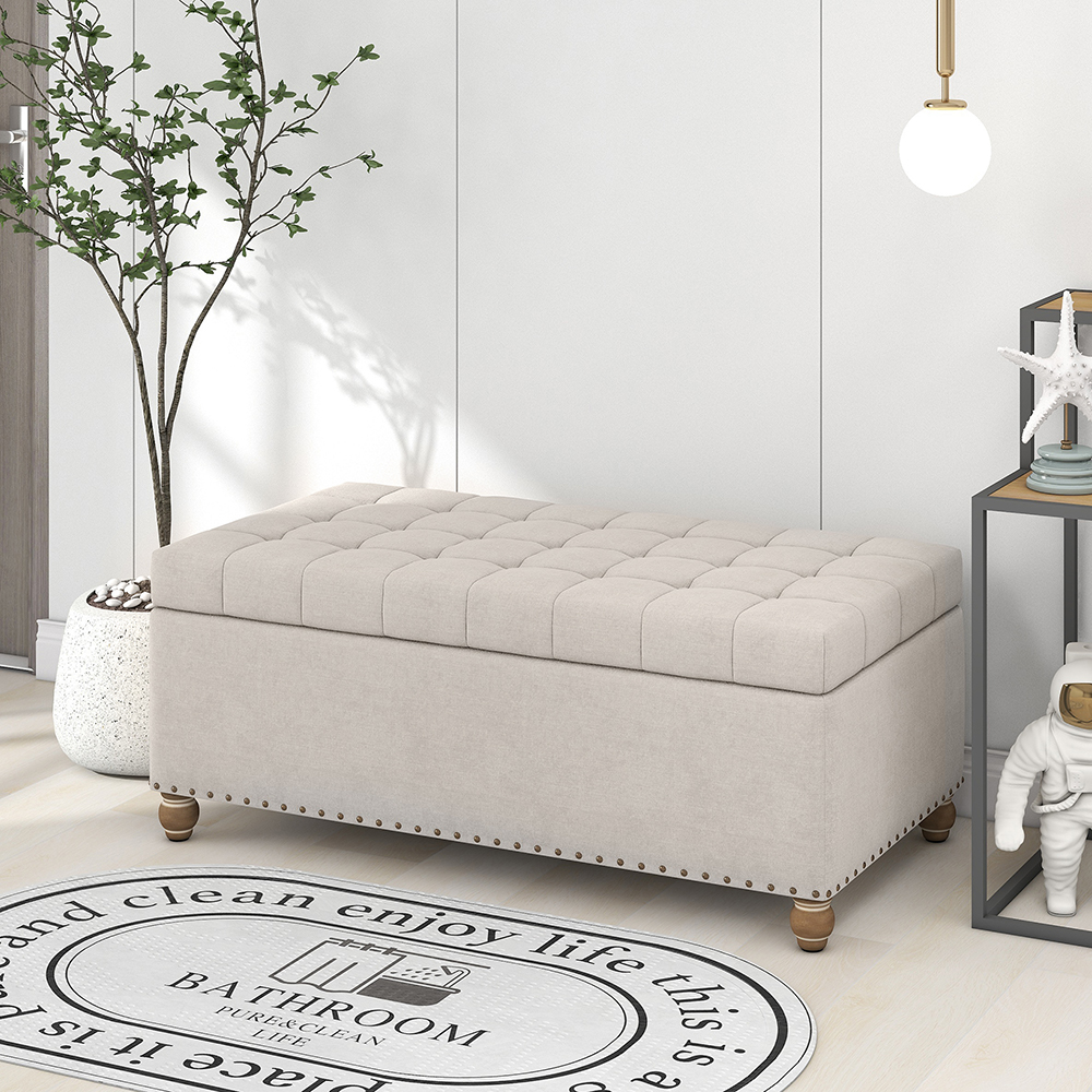 U-STYLE 39.4" Upholstered Storage Bench with Tufted Top, and Rubber Wood Legs, for Entrance, Hallway, Bedroom - Beige