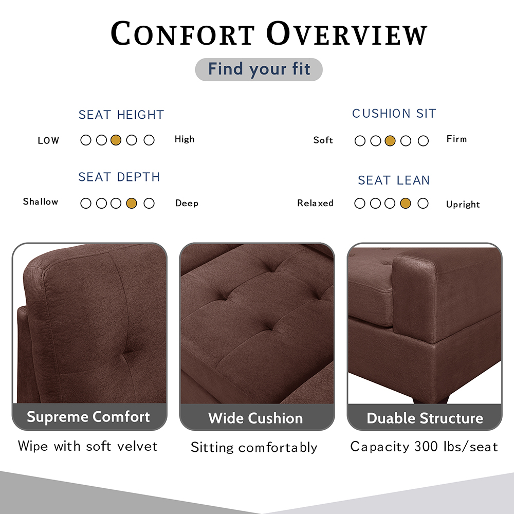 Orisfur 104" Suede Upholstered Sectional Sofa with Chaise, Ottoman, Wooden Frame, and Cup Holders, for Living Room, Bedroom, Office, Apartment - Brown
