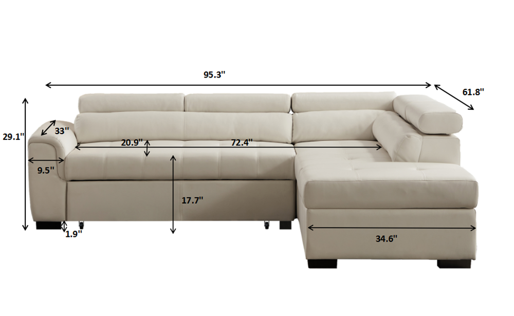 95.3" 5-Seat L-shaped Corner Leather Sofa Bed with Storage Ottoman, Wooden Frame, and Plastic Feet, for Living Room, Bedroom, Office, Apartment - White