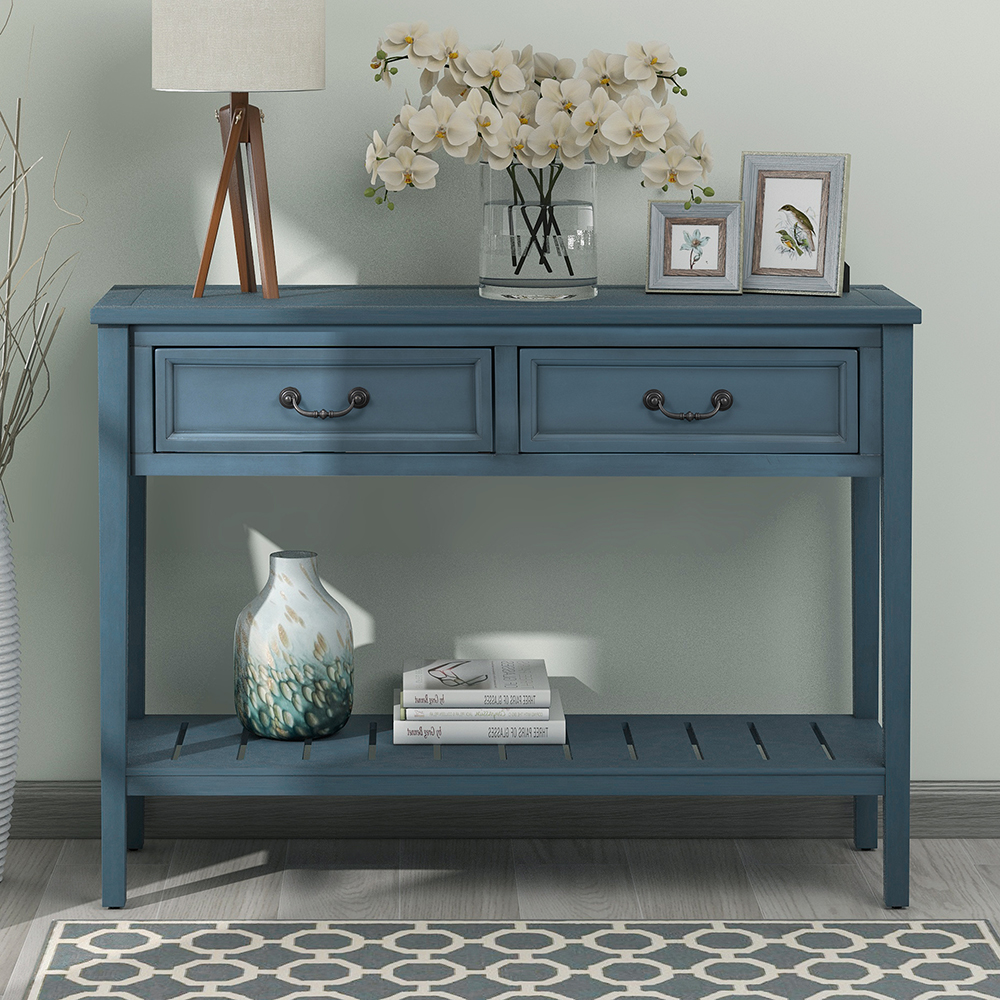 U-STYLE 43" Modern Style Wooden Console Table with 2 Storage Drawers, and Bottom Shelf, for Entrance, Hallway, Dining Room, Kitchen - Navy