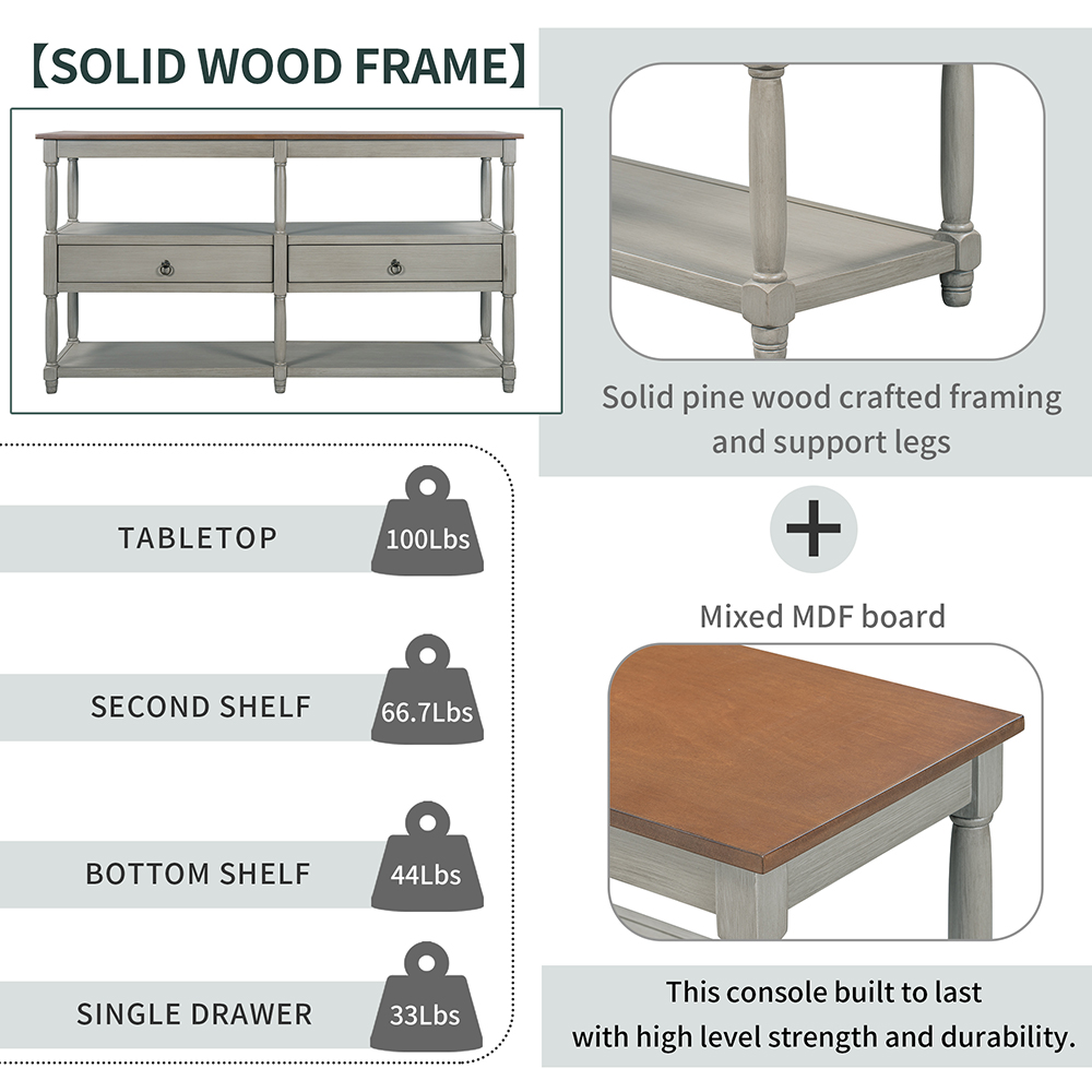 TREXM 57" Rustic Style Wooden Console Table with 2 Storage Drawers, and 3-Layer Open Shelf, for Entrance, Hallway, Dining Room, Kitchen - Gray