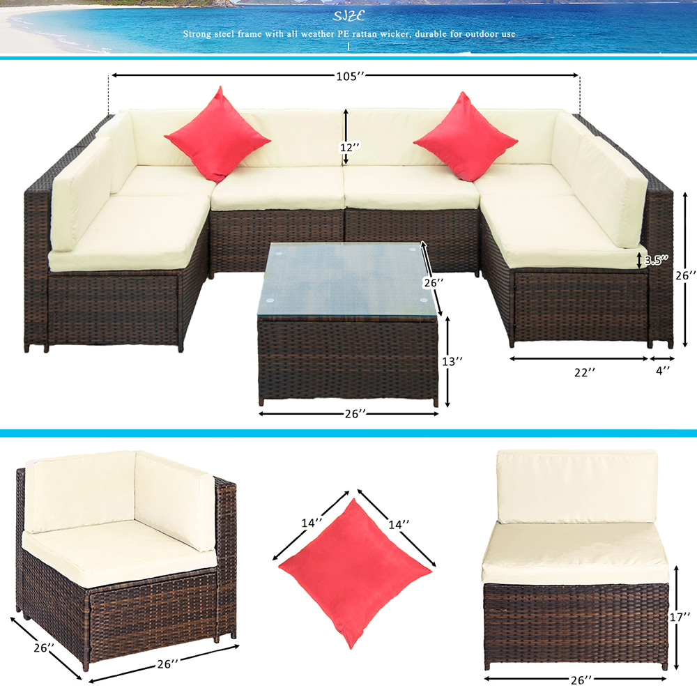 TOPMAX 7 Pieces Outdoor Rattan Furniture Set, Including Coffee Table,4 Single Sofa Chairs, 2 Corner Sofa Chairs, and 14 Cushions, for Garden, Terrace, Porch, Poolside - Beige