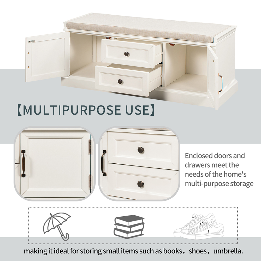 TREXM 42.9" Upholstered Storage Bench with 2 Drawers, and 2 Cabinets, for Entrance, Hallway, Bedroom, Living Room - White