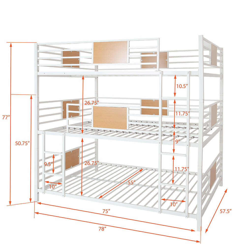 Full-Full-Full Size Triple Bed Frame with Ladders and Steel Slats Support, No Box Spring Needed, Space-saving Design, Suitable for Families with Multiple Children (Only Frame) - White