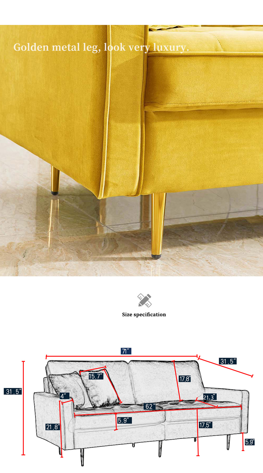 71" 3-Seat Velvet Upholstered Sofa with 2 Pillows, Wooden Frame and Metal Feet, for Living Room, Bedroom, Office, Apartment - Yellow