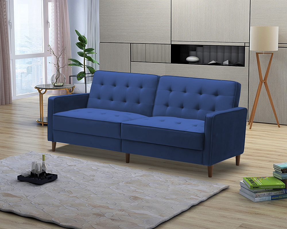 78" Velvet Fabric Upholstered Sofa Bed with Square Armrests and Adjustable Backrest for Living Room, Bedroom, Office, Apartment - Blue