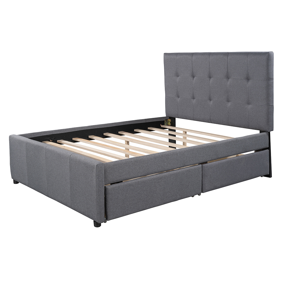 Full-Size Linen Upholstered Platform Bed Frame with 2 Storage Drawers, Headboard and Wooden Slats Support, No Box Spring Needed (Only Frame) - Gray