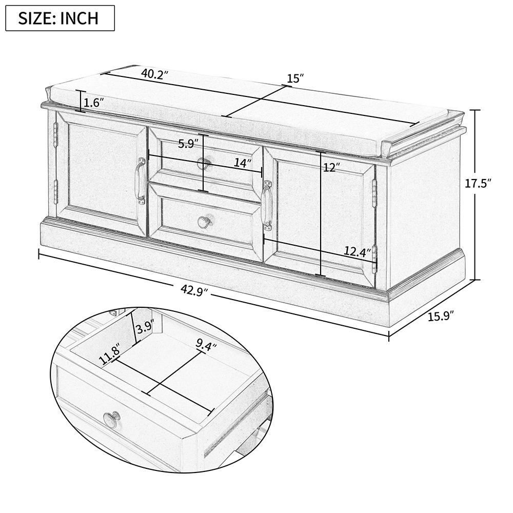 TREXM 42.9" Upholstered Storage Bench with 2 Drawers, and 2 Cabinets, for Entrance, Hallway, Bedroom, Living Room - White