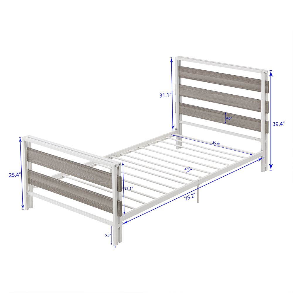 Twin-Size Platform Bed Frame with Wooden Headboard and Metal Slats Support, No Box Spring Needed (Only Frame) - Gray