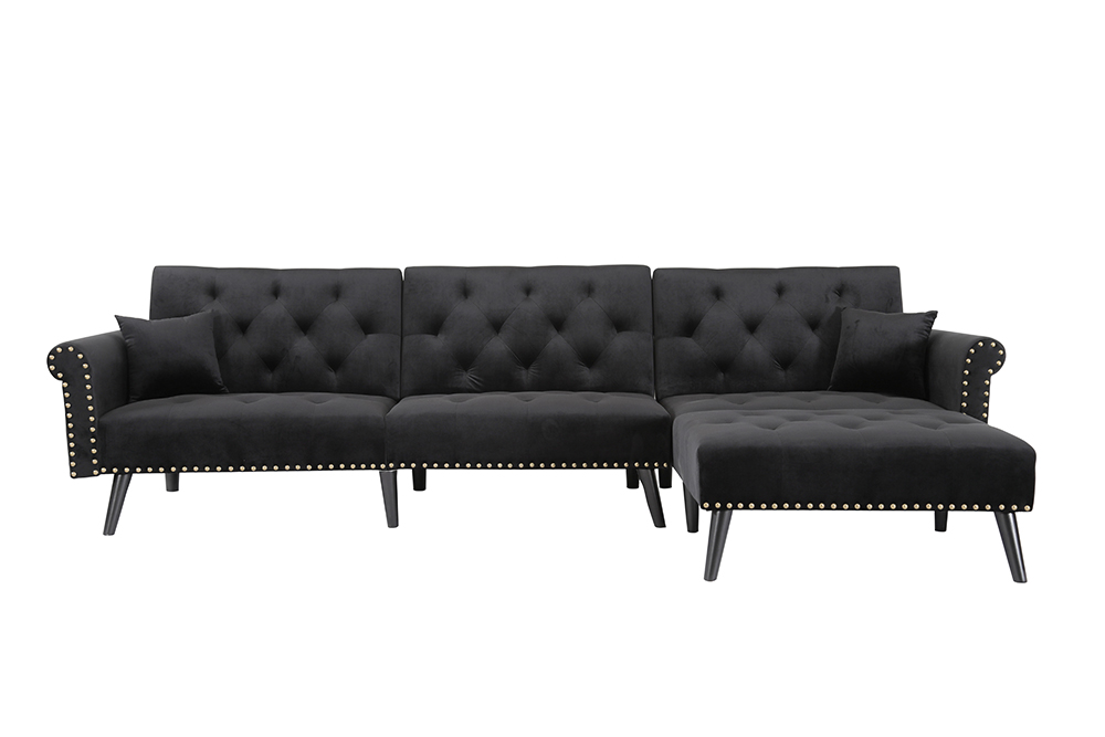 115" 4-Seat Velvet Upholstered Sectional Sofa Bed with Wooden Legs, for Living Room, Bedroom, Office, Apartment - Black