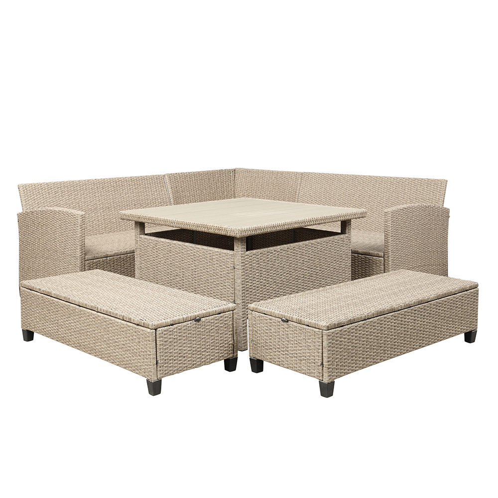 TOPMAX 6 Pieces Outdoor Rattan Furniture Set, Including Corner Sofa, 2 Loveseats, Coffee Table, and 2 Benches, for Garden, Terrace, Porch, Poolside - Gray