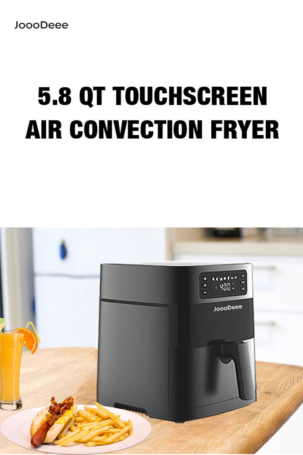 JoooDeee Electric Air Fryer 5.8QT Capacity, with 7 Presets, LED Touch Digital Screen, and Non-stick Square Basket - Black