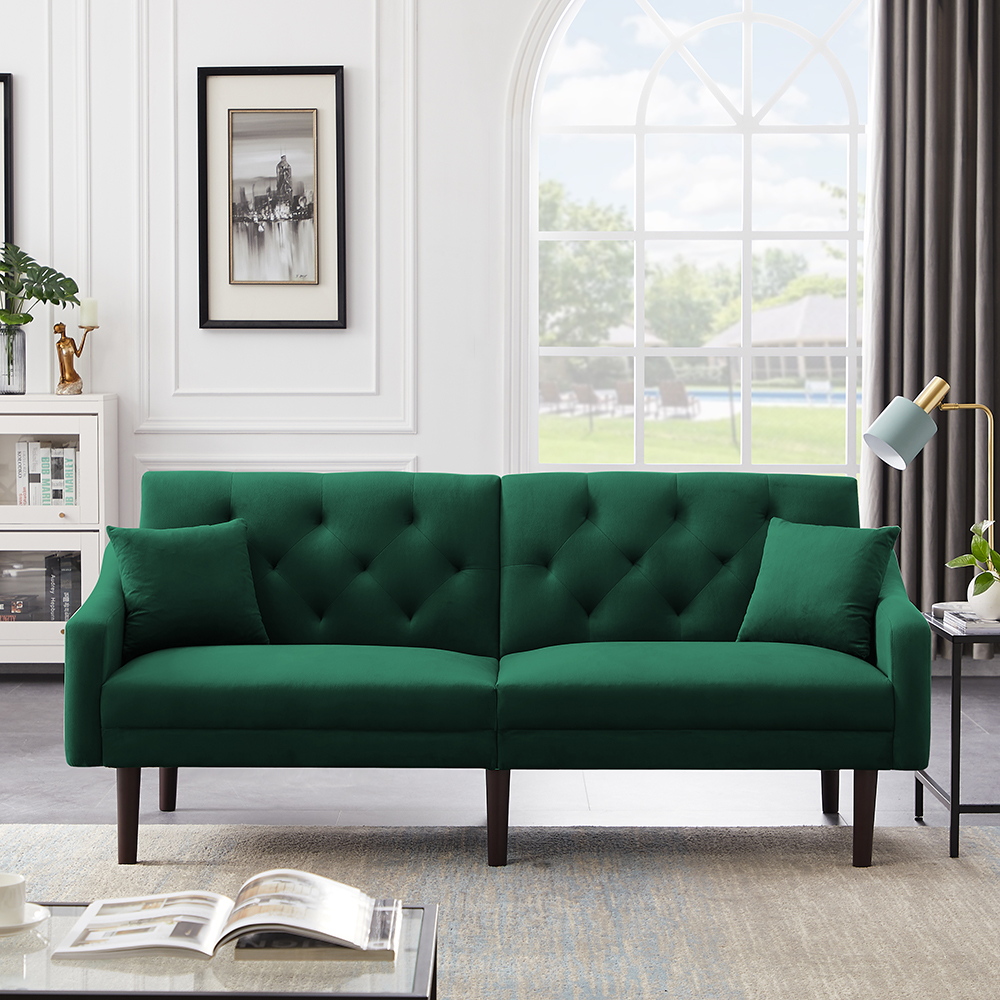 74.8" Velvet Upholstered Sofa Bed with 2 Pillows, Tufted Backrest, and Rubber Wood Legs, for Living Room, Bedroom, Office, Apartment - Green