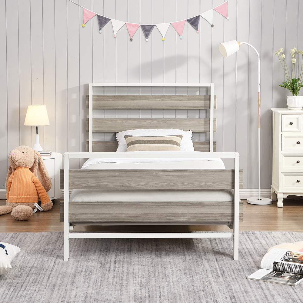Twin-Size Platform Bed Frame with Wooden Headboard and Metal Slats Support, No Box Spring Needed (Only Frame) - Gray
