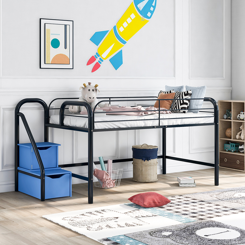 Twin-Size Loft Bed Frame with 2 Storage Stairs, and Metal Slats Support, Space-saving Design, No Box Spring Needed - Blue