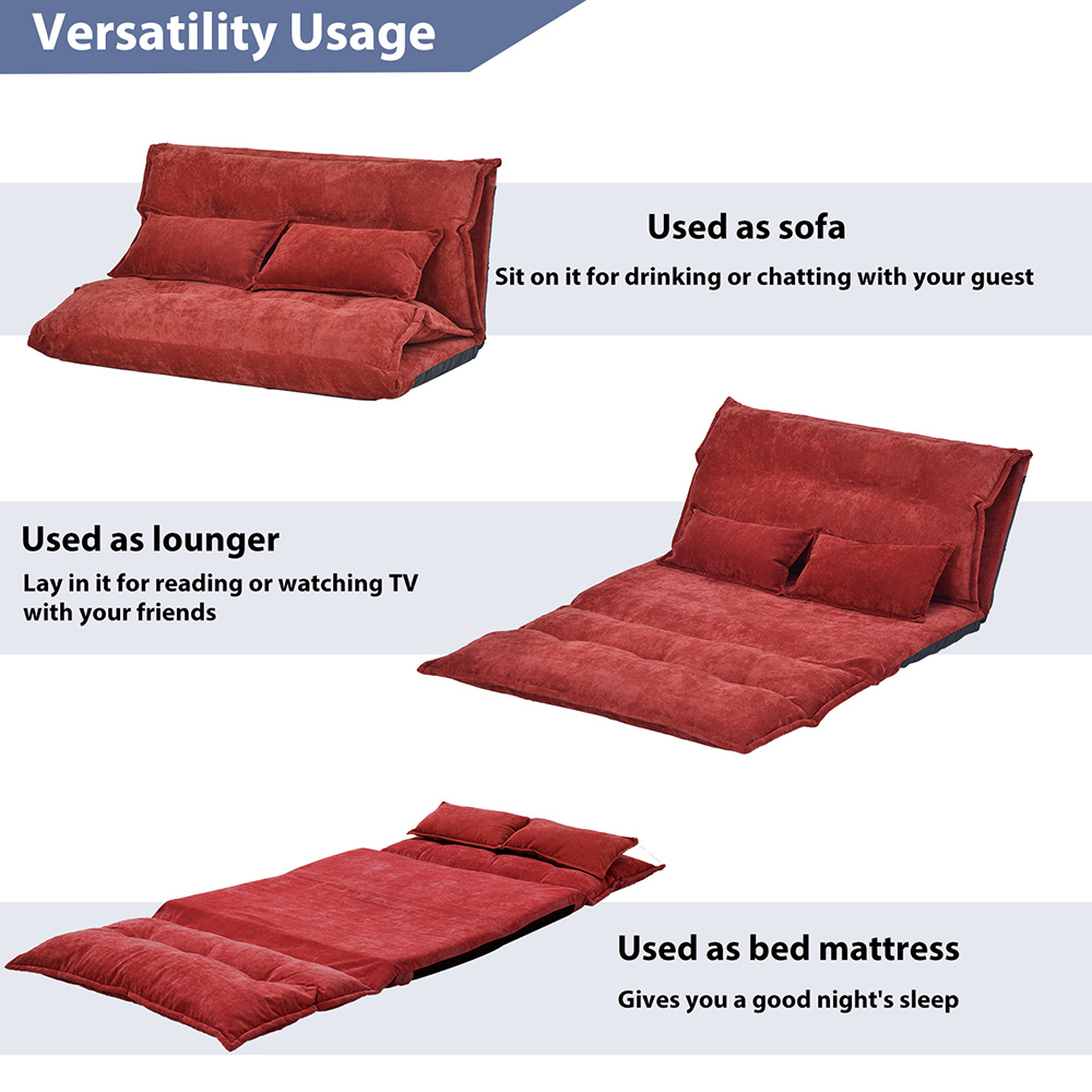 Orisfur 43.3" Polyester Fabric Folding Lazy Sofa Bed with 2 Pillows, and Metal Frame, for Living Room, Bedroom, Office, Apartment - Red
