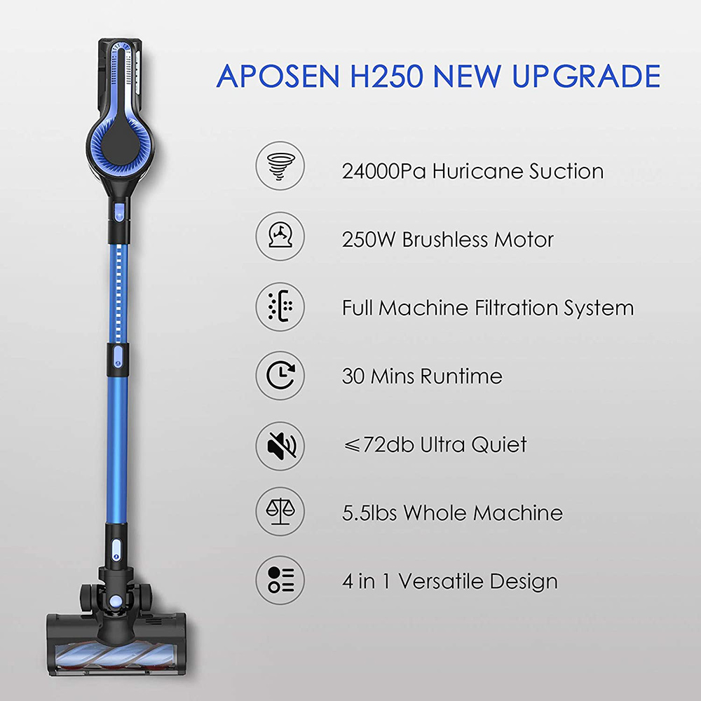 APOSEN H250 Cordless Vacuum Cleaner 250W Motor 24000pa Suction 2200mAh Battery 30 Minutes Run Time for Home Hard Floor Carpet Car Pet - Blue + Black