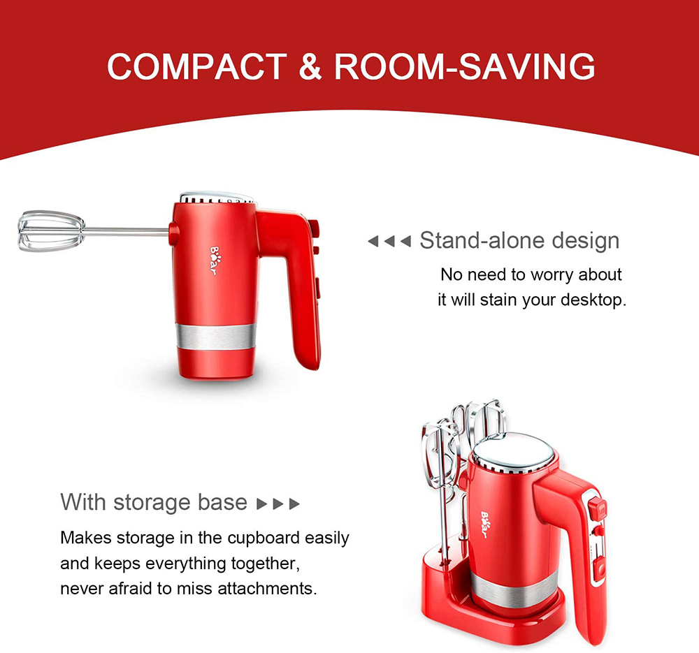 Handheld Electric Mixer 300W Power 5 Speeds Fast Heat Dissipation, Overheat Protection with Storage Base - Red