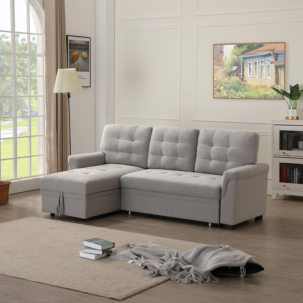 86" Upholstered Sectional Sofa Bed with Storage Chaise, Wooden Frame, and Plastic Legs, for Living Room, Bedroom, Office, Apartment - Gray