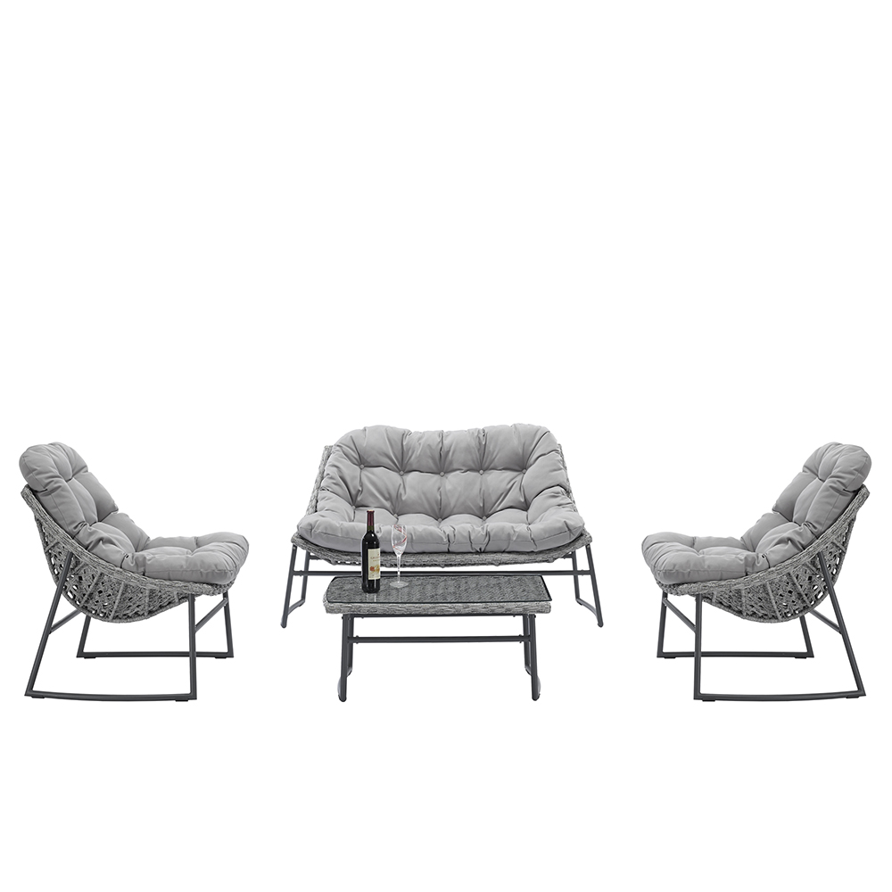 4 Pieces Outdoor Rattan Furniture Set, Including 2 Armchairs, 1 Loveseat Sofa, and 1 Coffee Table, for Garden, Terrace, Porch, Poolside, Beach - Gray