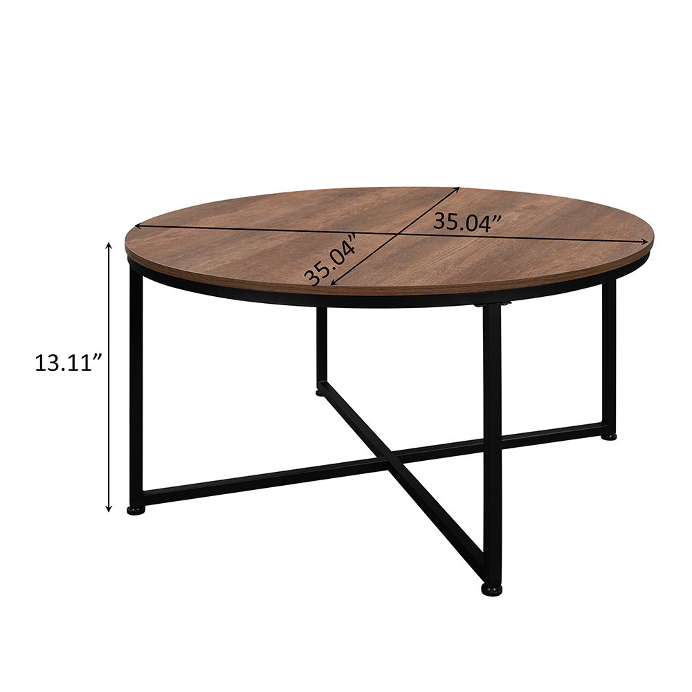 35" Round Wooden Coffee Table, with Metal Frame, for Kitchen, Restaurant, Office, Living Room, Cafe - Dark Brown