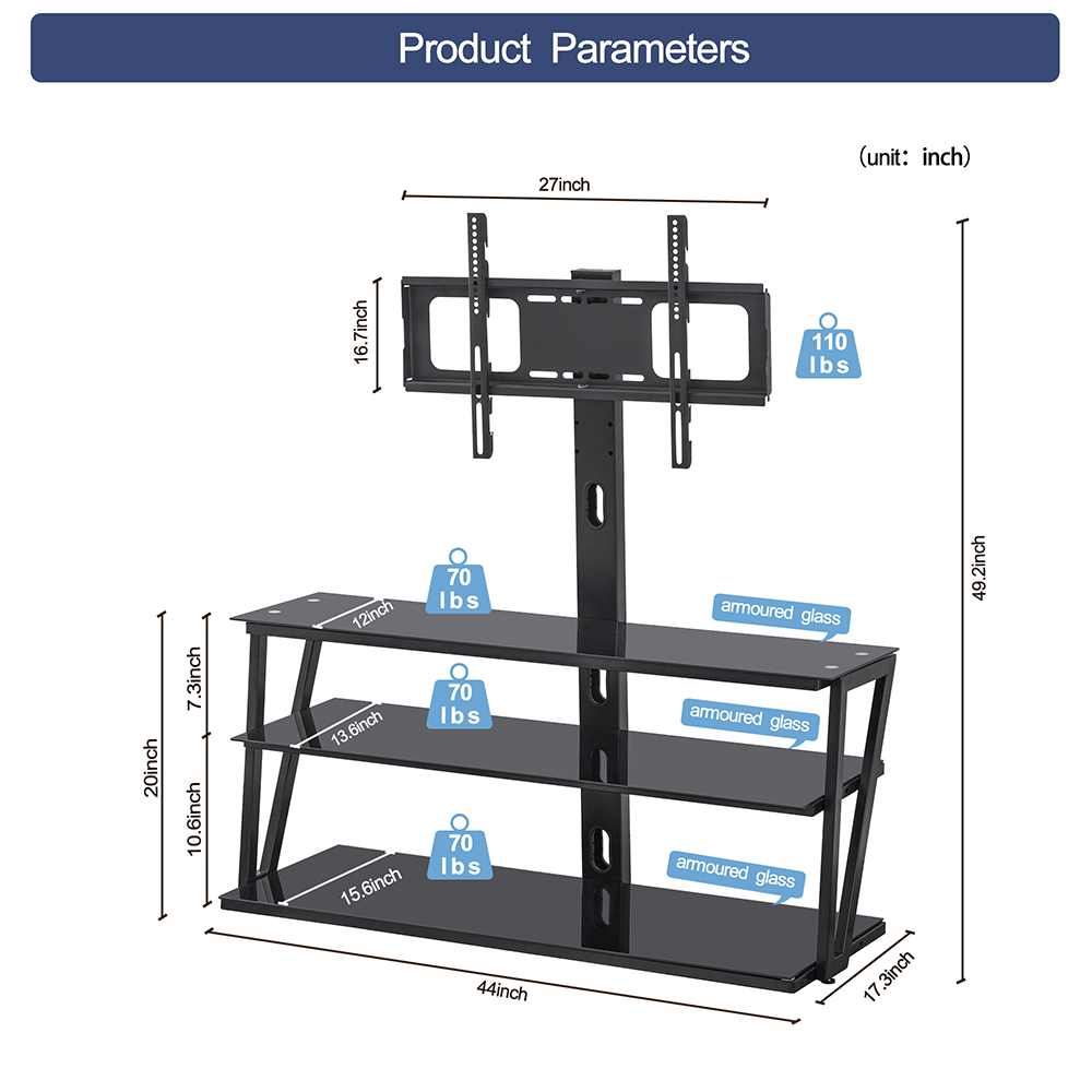 44.1" Height Adjustable TV Stand with 3-Layer Storage Shelf, Suitable for Placing 32~65 inch TVs, for Living Room, Entertainment Center - Black