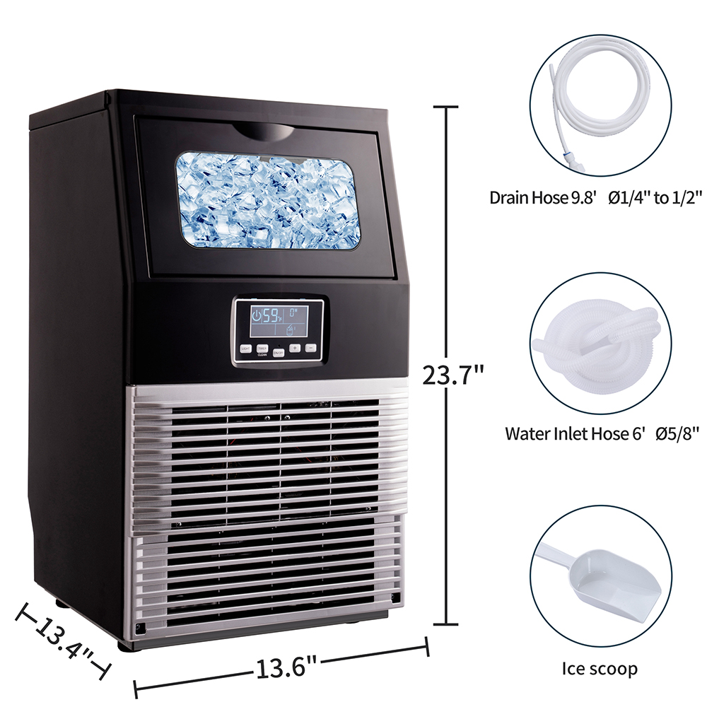 Standing Ice Maker with Ice Scoop and LED Display 66LBS/24H Built-in Automatic Water Inlet, for Supermarket, Cafe, Bakery, Bar, Restaurant, Home, Office - Silver
