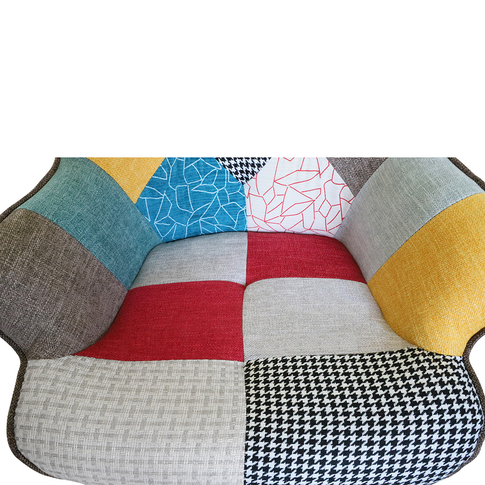 Linen Fabric Patchwork Armchair with Ottoman, and Wooden Frame, for Living Room, Bedroom, Bathroom - Colorful