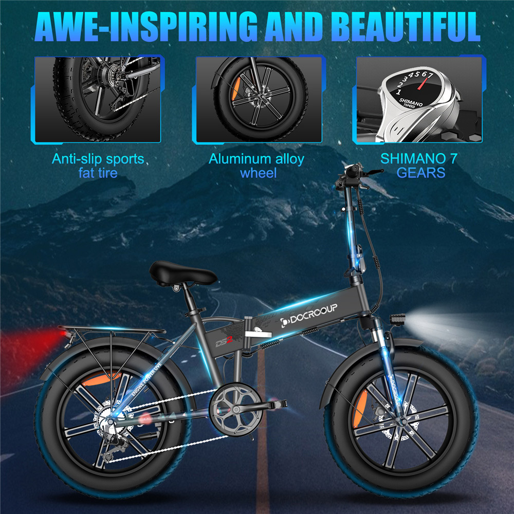 DOCROOUP DS2 Off-road Electric Folding Bike 20*4.0 inch 750W Brushless Motor SHIMANO 7-Speeds Derailleur 48V 11.6Ah Battery 50km/h Max speed Pure power up to 50km Range Aluminum alloy Frame - Black