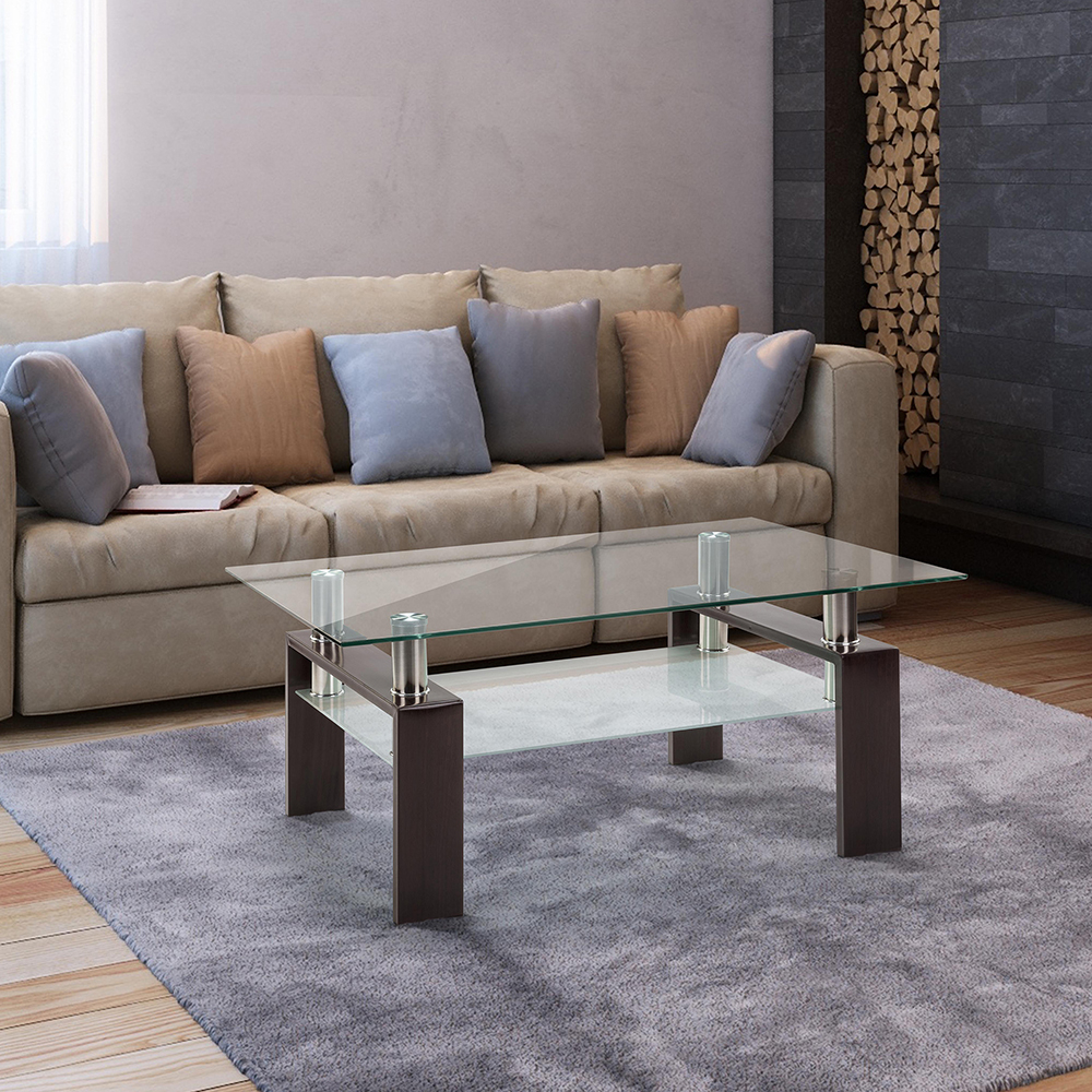 39.4" Rectangle Glass Coffee Table, with Storage Shelf, for Kitchen, Restaurant, Office, Living Room, Cafe - Walnut