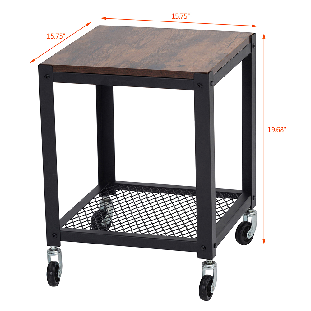 15.75" Movable Metal Coffee Table, with Wooden Tabletop, Casters, and Storage Shelf, for Kitchen, Restaurant, Office, Living Room, Cafe - Brown