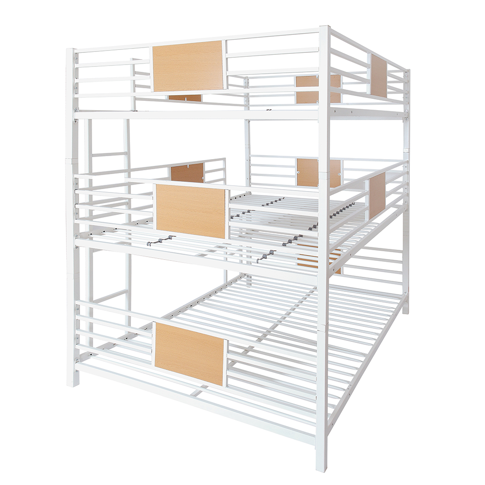 Full-Full-Full Size Triple Bed Frame with Ladders and Steel Slats Support, No Box Spring Needed, Space-saving Design, Suitable for Families with Multiple Children (Only Frame) - White