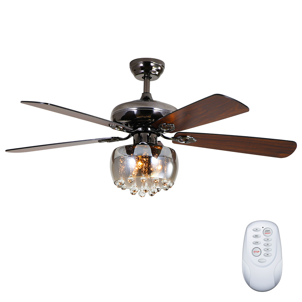 52" Metal Modern Crystal Ceiling Fan Lamp with 5 Reversible Wood Blades, and Remote Control, for Living Room, Bedroom, Corridor, Dining Room - Black