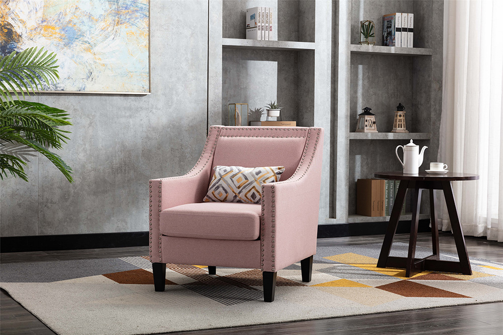 COOLMORE Linen Fabric Upholstered Sofa Chair with Nailheads, and Solid Wood Legs, for Living Room, Bedroom, Office, Apartment - Pink