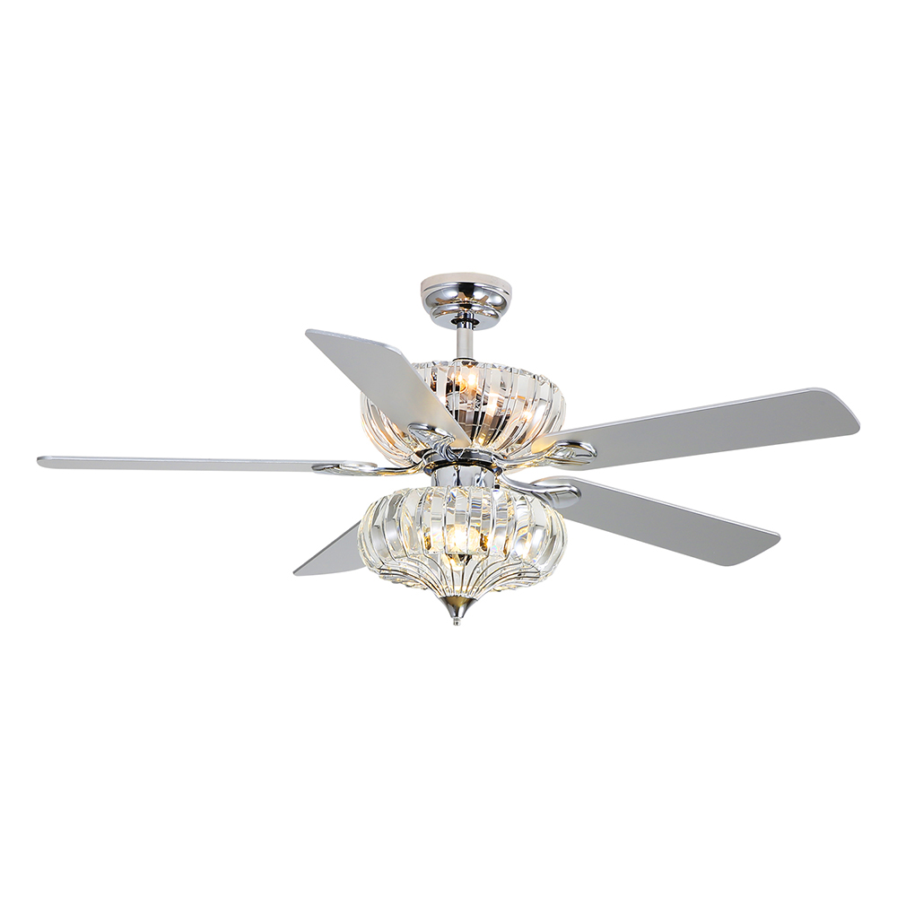 52" Metal Crystal Ceiling Fan Lamp with 5 Blades, and Remote Control, for Living Room, Bedroom, Corridor, Dining Room - Chrome