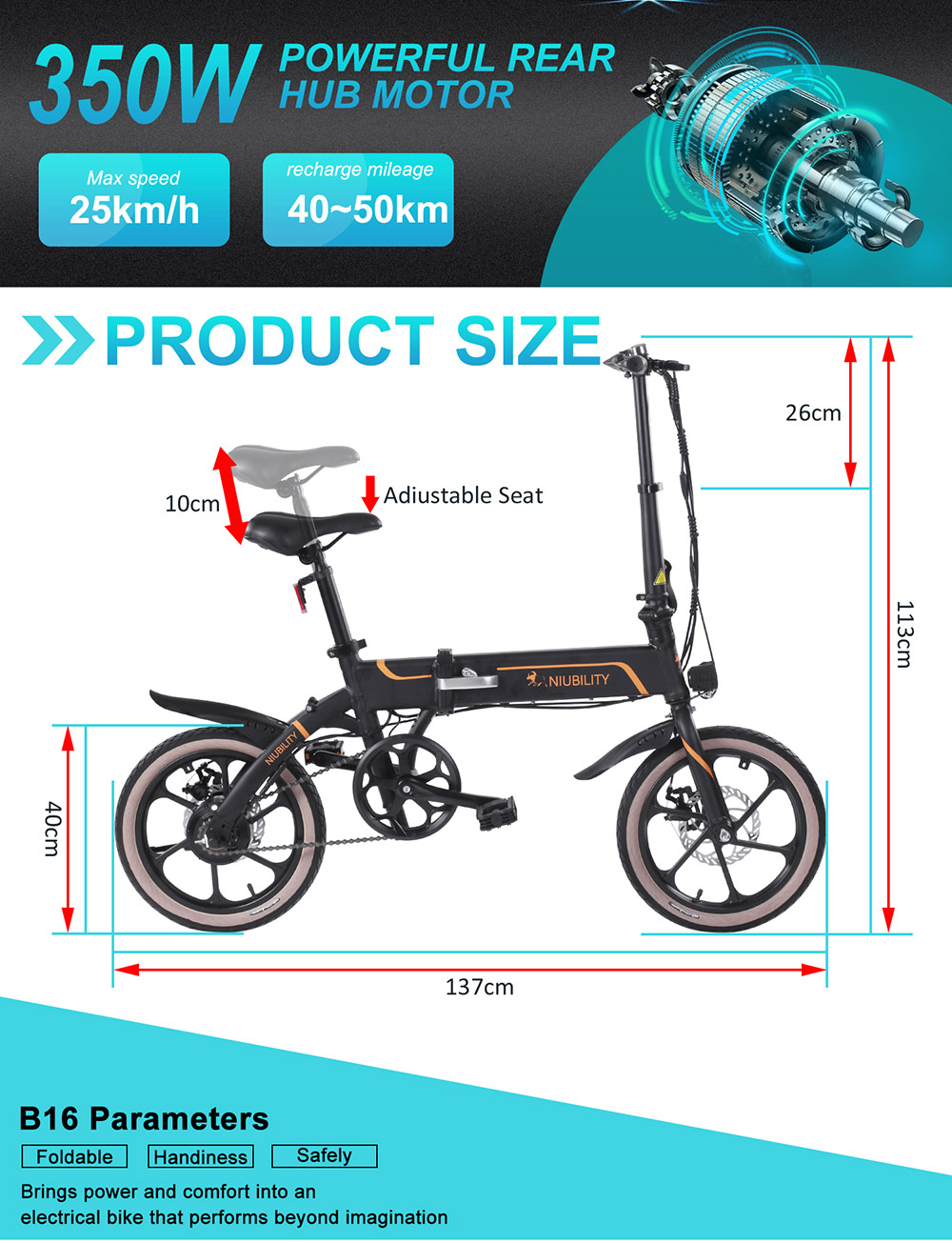 NIUBILITY B16 Electric Moped Folding Bike 16 inch 42V 10.4Ah Battery 40km -50km Mileage 350W Motor Max 25km/h  Double Disc Brake Variable Speed System LED Light - Black