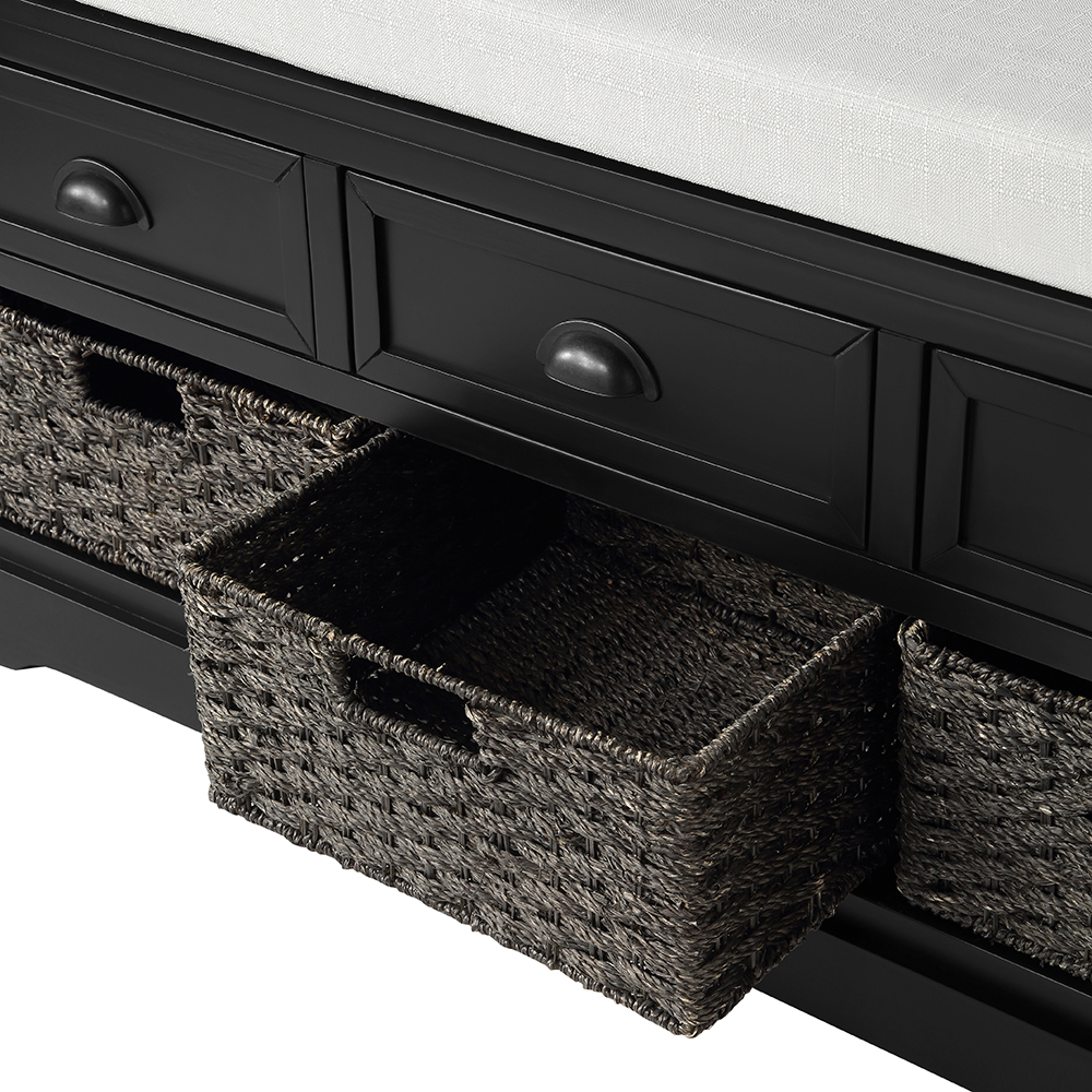 U-STYLE 44" Storage Bench with 3 Drawers, 3 Baskets, and Wooden Frame, for Entrance, Hallway, Bedroom, Living Room - Black