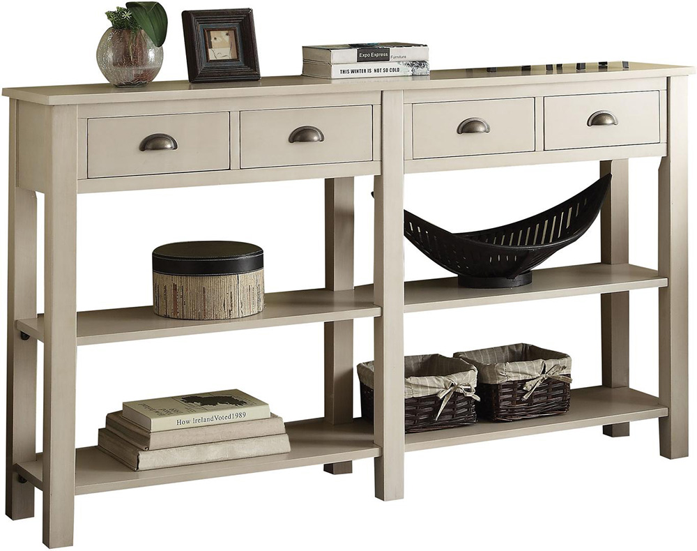 ACME Galileo 72" Wooden Console Table with 4 Storage Drawers, and Open Shelves, for Entrance, Hallway, Dining Room, Kitchen - Cream