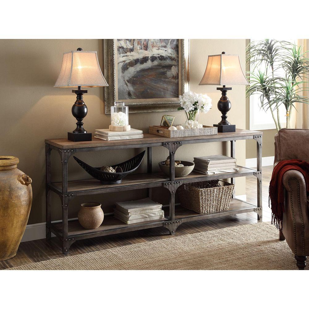 ACME Gorden 72" Console Table with 2-Layer Open Shelf, for Entrance, Hallway, Dining Room, Kitchen - Weathered Oak