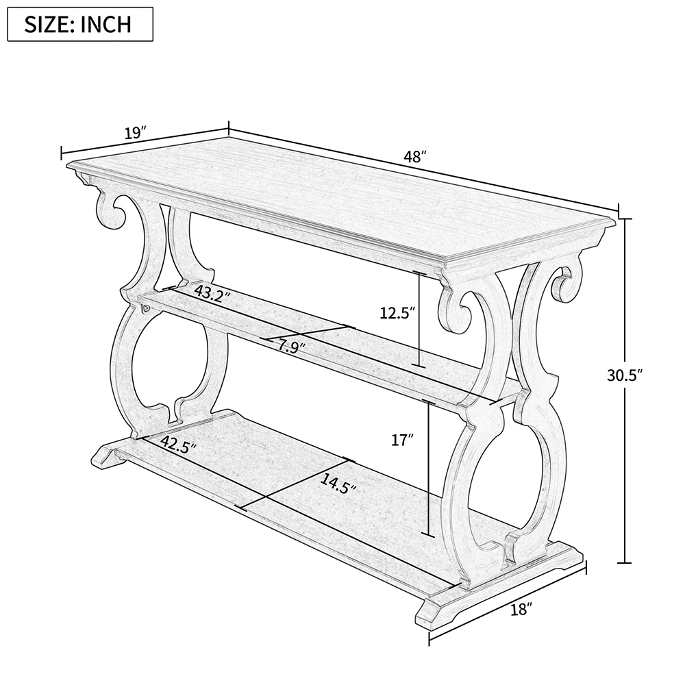 TREXM 48" Vintage Carved Design  Wooden Console Table with 3-Layer Open Storage Shelf, for Entrance, Hallway, Dining Room, Kitchen - Navy