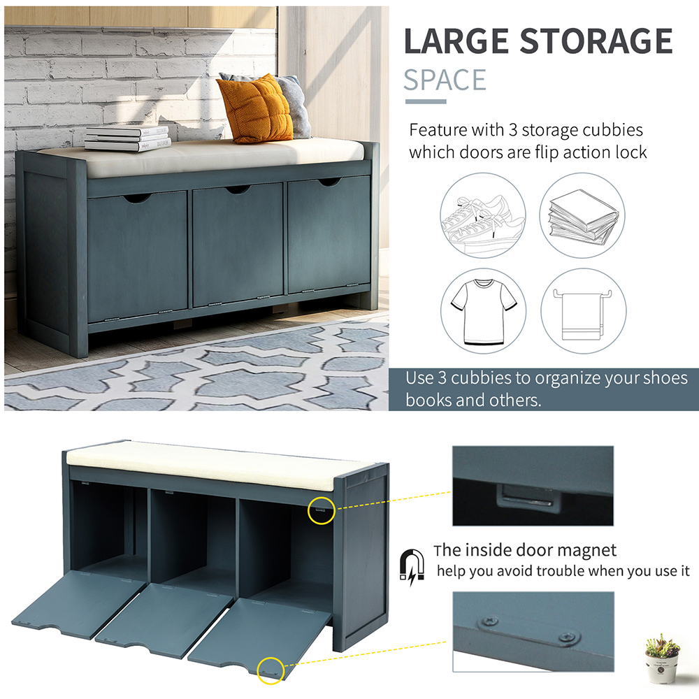 TREXM 39" Wooden Storage Bench with Removable Cushion and 3 Flip Lock Storage Cubbies, for Entrance, Hallway, Bedroom, Living Room - Navy