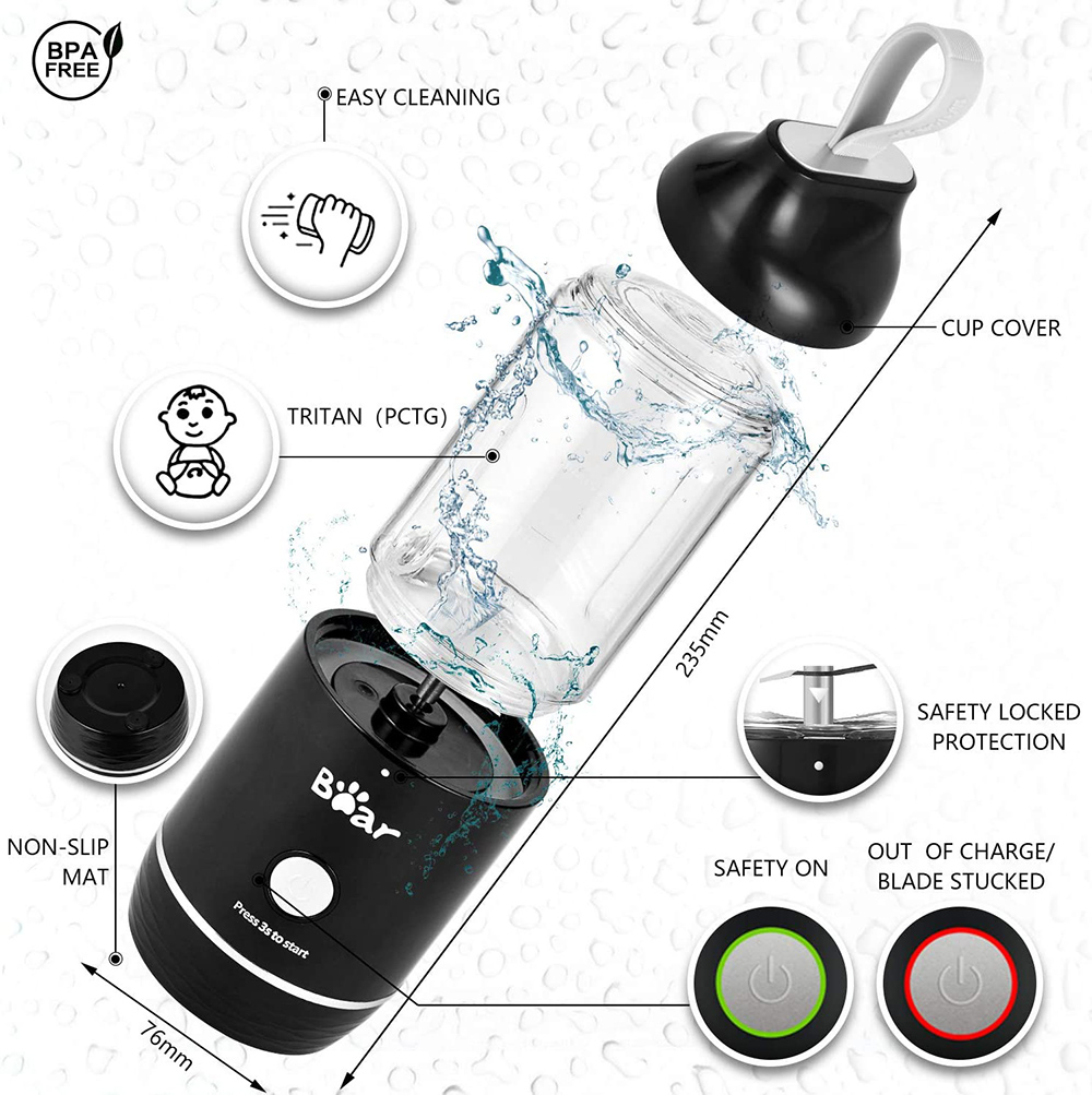 Bear Portable Blender with 11.84oz BPA Free Tritan Blender Bottle, USB Charge, for Shake and Smoothy - Black